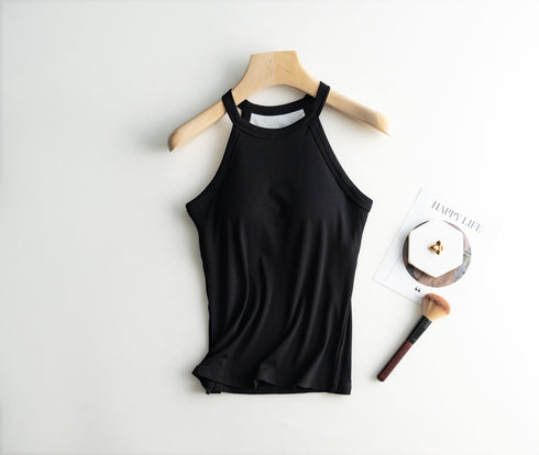Slim Halter Neck Off-Shoulder Camisole Tops for Women - Stylish Solid Tank Tees with Chest Pad for Comfortable Summer Wear